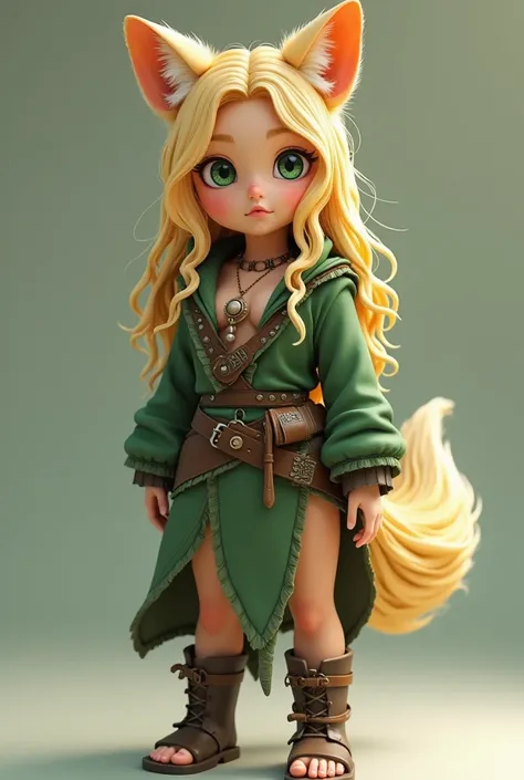 3D digital art, whole body , whole feet , a young anime druid girl, 51 ft, perfect face, pretty face, small nose, wet lips, very loose blonde hair, large expressive emerald green eyes, blonde wolf ears and tail, soft fair skin, (large head:1.6), small tors...