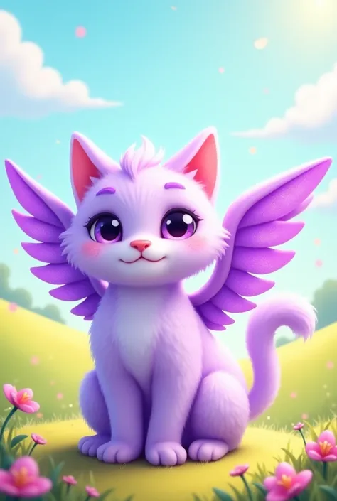 Purple winged cat in cartoon style