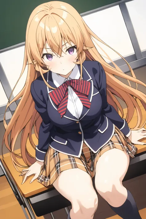 NSFW,masterpiece, top quality , high res, very detailed,Elina Nakiri 、 long hair、 orange hair、 purple eyes、 hair between eyes , skirt、 knee socks、ribbon、uniform、 jacket、プリーツ skirt、shoes、黒 knee socks、 absolute domain、 check pattern 、 check pattern  skirt、 b...
