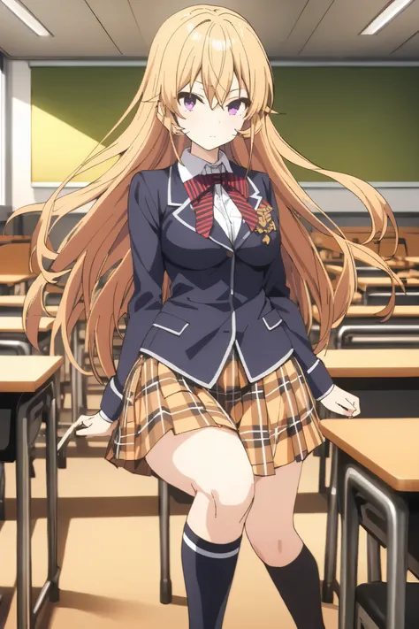 NSFW,masterpiece, top quality , high res, very detailed,Elina Nakiri 、 long hair、 orange hair、 purple eyes、 hair between eyes , skirt、 knee socks、ribbon、uniform、 jacket、プリーツ skirt、shoes、黒 knee socks、 absolute domain、 check pattern 、 check pattern  skirt、 b...