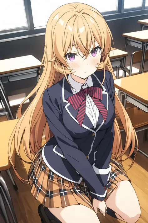 NSFW,masterpiece, top quality , high res, very detailed,Elina Nakiri 、 long hair、 orange hair、 purple eyes、 hair between eyes , skirt、 knee socks、ribbon、uniform、 jacket、プリーツ skirt、shoes、黒 knee socks、 absolute domain、 check pattern 、 check pattern  skirt、 b...