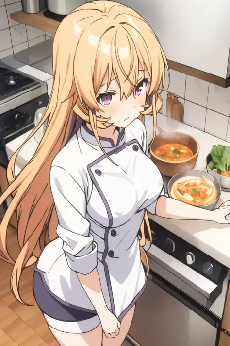 NSFW,masterpiece, top quality , high res, very detailed,Elina Nakiri 、 long hair、 orange hair、 purple eyes、 hair between eyes ,underpants、白underpants、chef、 Long Sleeve 、 thing with rolled up sleeves ,kitchen