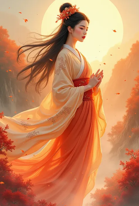 Watercolor。Beautiful goddess of fire in ancient Japan