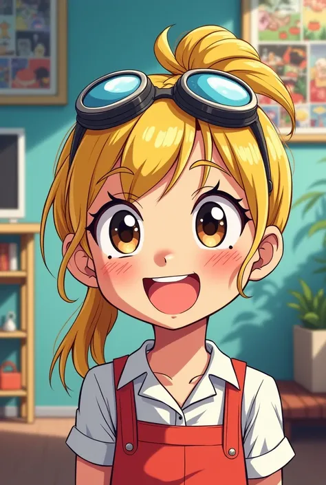 Blond girl with goggles on top of her head, Draw a comic on the reverse wall, ponytail