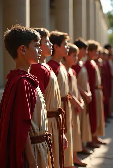 several ren dressed in costumes are standing in a line, a picture by Ruth Abrahams, cg society, figuration libre, dressed in roman clothes, 2 0 1 8, 2018, 2017, 2 0 1 7, choir, 2 0 1 9, 2019, boys, costume, beautifully, beautiful, full cast, edited