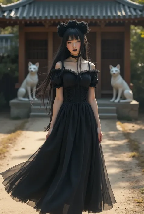 a light-skinned kuro lolita, with small size XS breasts, size S hips, long black hair, black lipstick, black blush. wears a black princess dress, She is walking on a dirt road, in the background a wooden temple with two statues of foxes