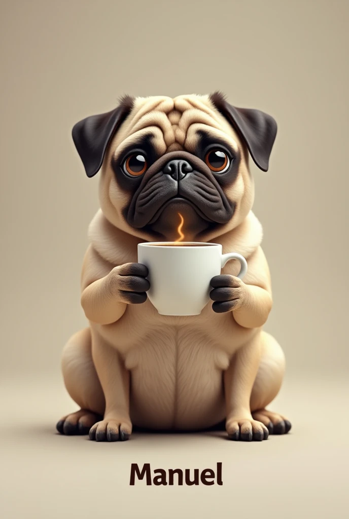 A pug drinking coffee with the name Manuel underneath