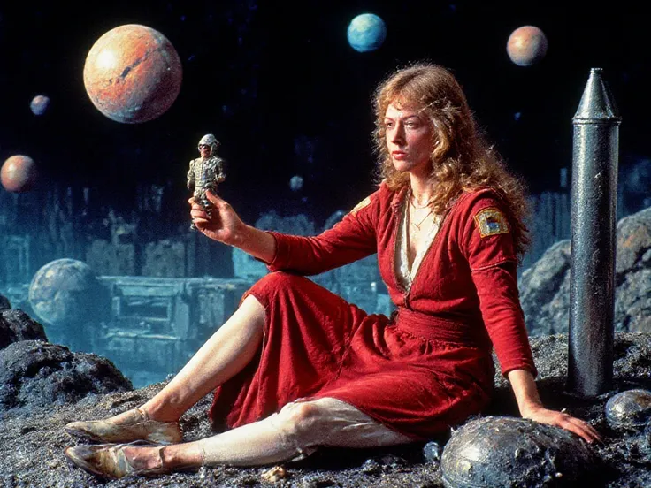 A glamorous giant alien woman in a red dress sits on a rocky alien landscape, her long blonde hair flowing. She is sitting, spreading her legs and gazes thoughtfully at a small, futuristic astronaut in her hand, reminiscent of a space gadget. In the backgr...