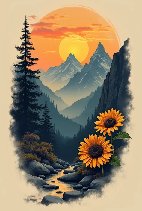  A tattoo of mountains with the sun rising on the left, Besides, the sun is a sunflower 