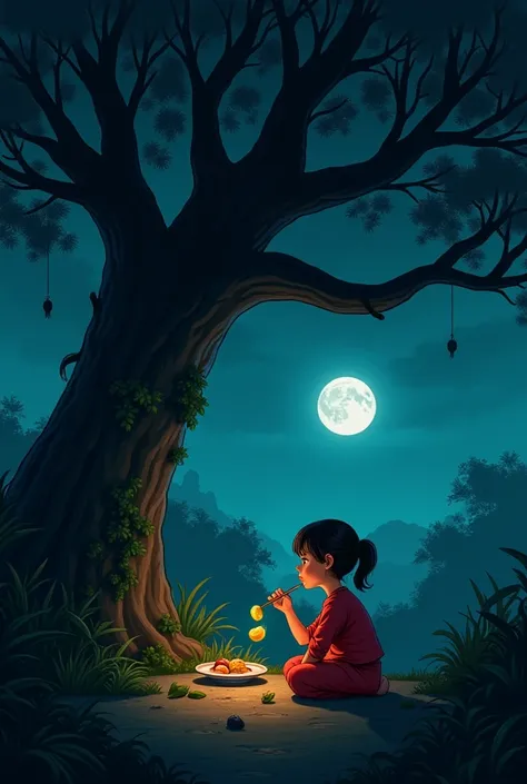 It is night time in the jungle and there is a tree and the tree is very scary and a girl is sitting under the tree and a plate of food is placed in front of it and the girl is eating the food. The girl is wearing red clothes. I am 30 years old and want to ...