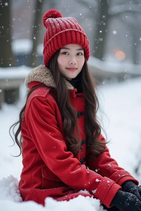 Japanese beautiful girl、 slender 、 slim、Red Duffle Coat 、Red knitted hat、 long hair、Im sitting down and making a snowman、Soldiers marching in the snow while leaving 、 its snowing 、 cute woman sitting、 beautiful girl、Beauty、realityphoto、dynamicsphoto、photog...