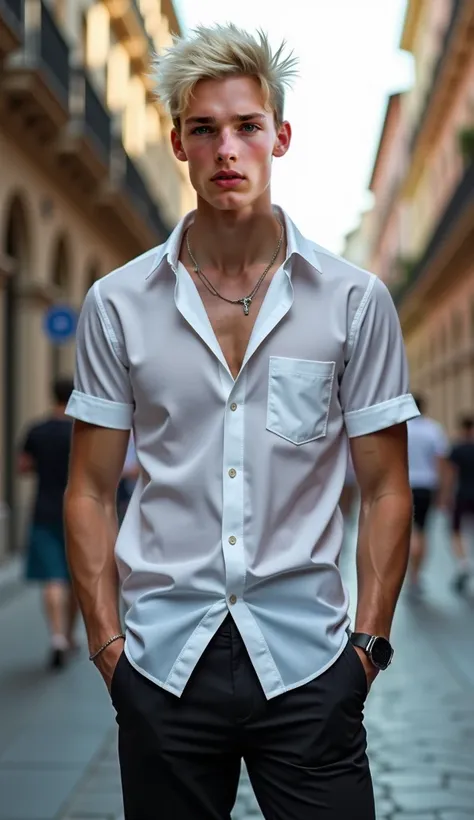 portrait of Very handsome white blond  teenager wearing modern  summer expensive cloths  with punk hair style on streets in Milan.  realistic photo