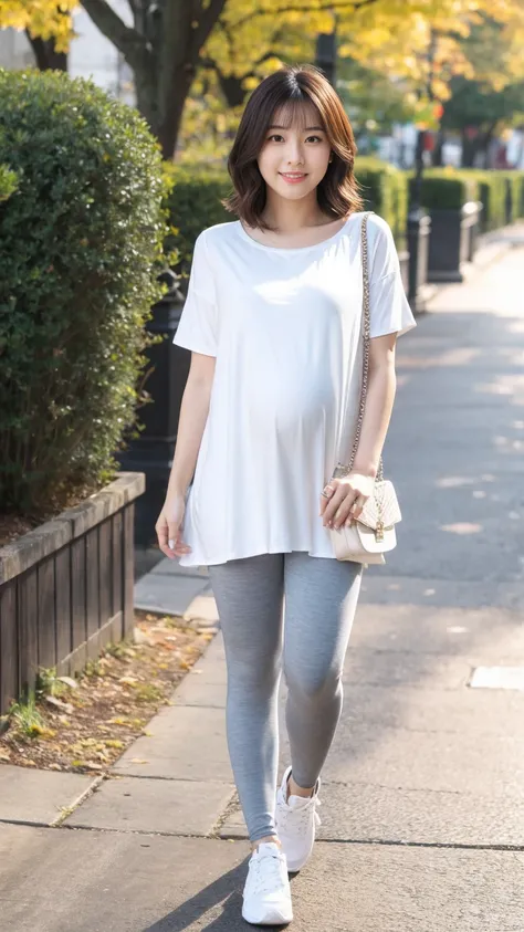 masutepiece, Best Quality, 8K,looking at the viewer,Japanese Lady,20 years old ,huge-breast, huge pregnant, Voluptuous, light color tunic dress and leggings,Standing,