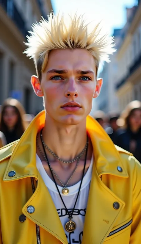 portrait of Very handsome white blond  teenager wearing modern  summer expensive cloths  with punk hair style onfashion week show  in Milan.  realistic photo