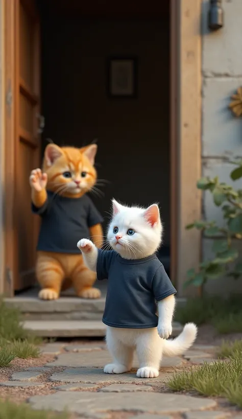 realistic image of a small white fluffy kitten wearing a short sleeved dark blue t-shirt, The little kitten stood in front of the door of the cottage , holding a small map ,  ready to step outside ,  while the big furry orange cat wearing a black t-shirt w...