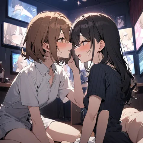 (masterpiece:1.2), top quality , ( complicated_   Details:1.1),  Beautiful details , ( beautiful hair, , black hair,  long hair),(Brown Hair, short hair , short hair, beautiful hair), two women, karaokeルーム,薄 Dark Room, Dark Room, karaoke, two women,女性の間にMa...