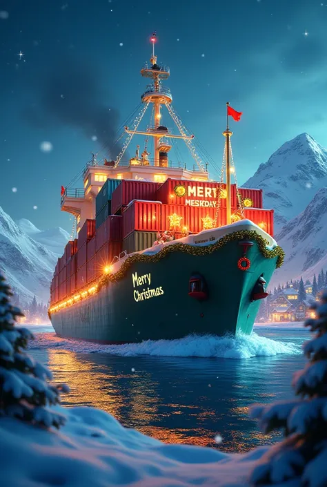 Countener ship with chrismast atmosfere, with wish merry christmas