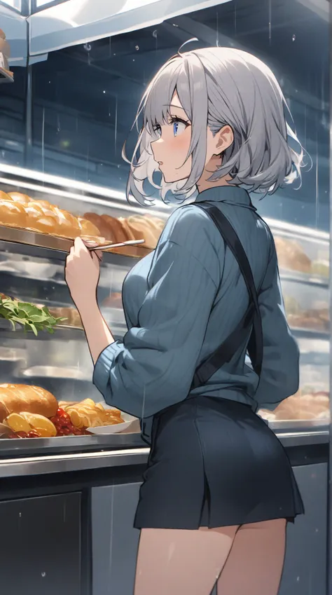  1 girl,  , Grey Hair,  blue eyes,  shortcuts,  Miniskirt goal time, Food,  back view, 雨の日、びしょ濡れ