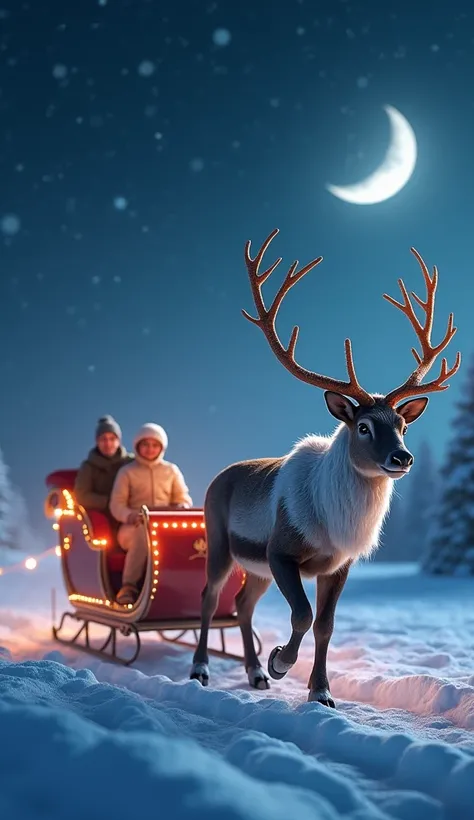 ((masterpiece, highest quality, Highest image quality, High resolution, photorealistic, Raw photo, Extremely detailed CG unified 8k wallpaper)), Reindeer pulling a sleigh drawn by a drone in the night sky,