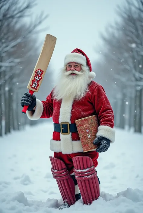 merry christmas wishing facebook post, a cricket themed , background winter japan with snow effect. Santa with cricket bat gift  