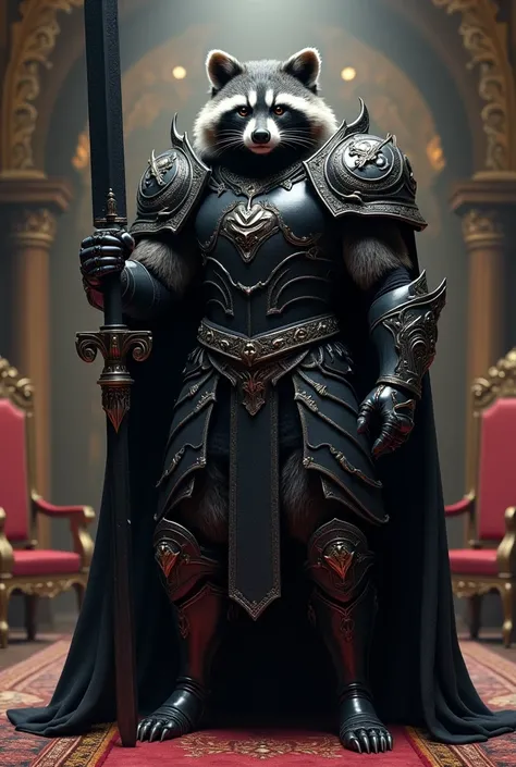 A very large raccoon Lord with a magnificent black sword and black armor 