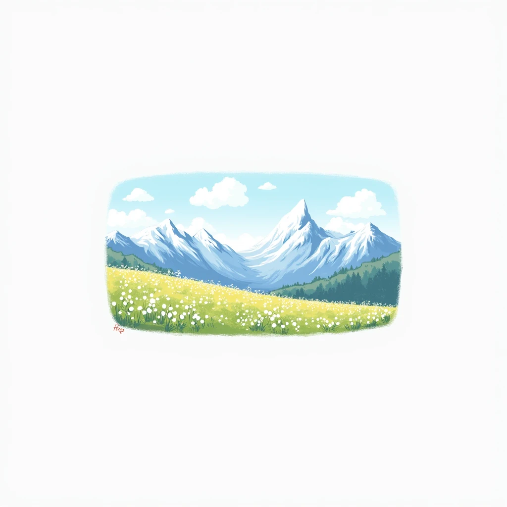 A landscape painting depicting a mountain range with a meadow of flowers. The mountains are depicted in shades of light blue and white, suggestive of snow-capped peaks. The style is painterly, with visible brushstrokes and textured application.  A field of...