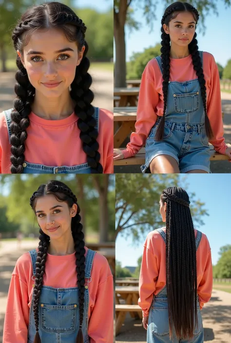 "Create a collage of four images featuring the same young woman with fair, glowing skin and extremely long, dark braided hair styled symmetrically, falling neatly and reaching well below her waist on both sides of her head. Her eyes are warm brown, enhance...