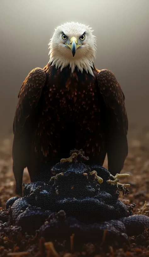 "A breathtaking scene of a powerful eagle triumphantly perched on a wounded King Cobra after an intense hunt. The eagles sharp talons firmly grip the snakes battered body, its feathers ruffled from the battle, exuding dominance and strength. The King Cobra...