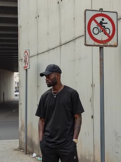 Homme africain debout sur un fond urbain minimaliste avec un mur en béton brut. Il porte un t-shirt noir uni surdimensionné sans aucun logo ni motif, associé à un pantalon noir. Lhomme a une pose détendue, regardant légèrement vers le bas, et porte une cas...