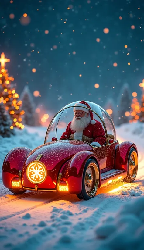 Imagine Santa Claus arriving in his custom-designed vehicle: a sleek, futuristic sleigh-car hybrid powered by glowing stardust engines. The vehicle is crafted from polished crimson metal with gold trims, adorned with glowing Christmas patterns and a giant,...