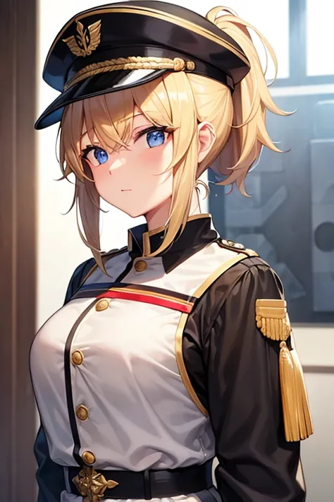  girl 、 upper body、Blonde、 ponytail、 military uniform