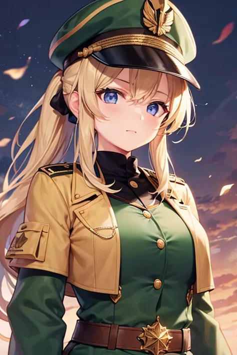  girl 、 upper body、Blonde、 ponytail、 military uniform