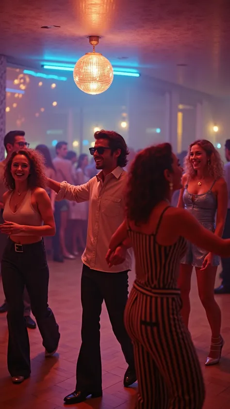 A photo of a dance floor with a sparkling disco ball and bright neon lights. There are young men and women dressed in early 80s clothing and accessories, dancing and smiling. The walls are adorned with patterned wallpaper. The overall scene has a city pop ...