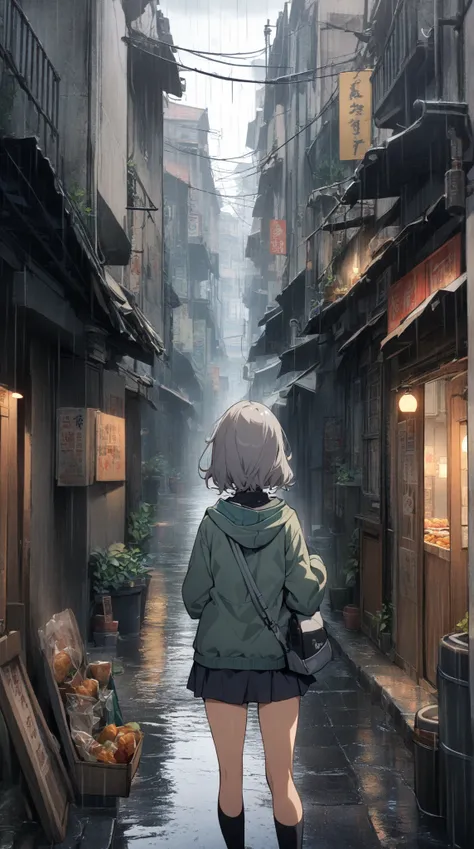  1 girl,  , Grey Hair,  blue eyes,  shortcuts,  Miniskirt goal time, Food,  back view, Rainy Day、 Soaking、Alley in the old city