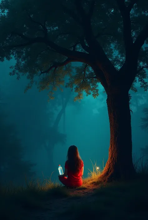 It is night time in the jungle and there is a tree and the tree is very scary and a girl is sitting under the tree and a water bottle is in the girls hand. The girl is wearing red clothes. The girl is 30 years old and has a realistic image. make it girl he...