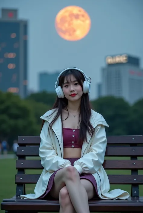 Jung So-min,  Photograph of a beautiful Asian woman ,  scene in a park in Seoul Korea ,  Woman sitting on a bench in the square , Frontal photo,  Moon appearing orange , thinking,      neon white hair ,  brown-eyed , pleated skirt, Mini skirt,  Wearing hea...