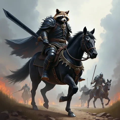 A very large Raccoon Lord with a Magnificent Black Sword and Black Armor and he rides a muscular black horse into the battlefield 