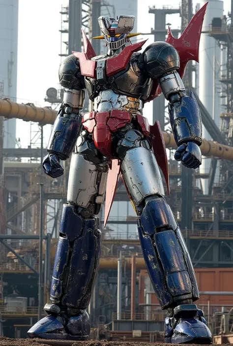   a very realistic version of the Mazinger Z , Standing in a forward position at a height of 100 meters .  constructed with modern materials such as steel ,  Carbon Fiber ,  other industrial elements are also visible ,  just like the real thing , Beautiful...