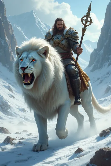 A man riding a white lion against the background of a stretch of snow 