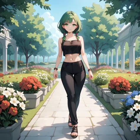 long green hair ,  green eyes,  very short sleeveless black crop shirt, low-cut and sexy ,  black legging pants, black eyelashes, walking in a beautiful garden filled with flowers outdoors with a look of happiness.
