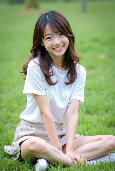 Featuring a cheerful Japanese teenage girl showing off her panties. She is wearing casual summer clothing (short sleeve t-shirt and skirt). She is sitting on a grass field with her legs spread. She is smiling and looking straight into the camera with a hap...