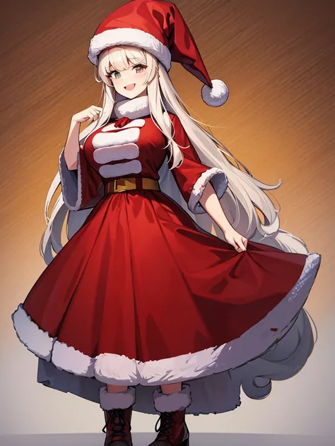 Illustration of a tall adult woman in a very cute Santa outfit smiling