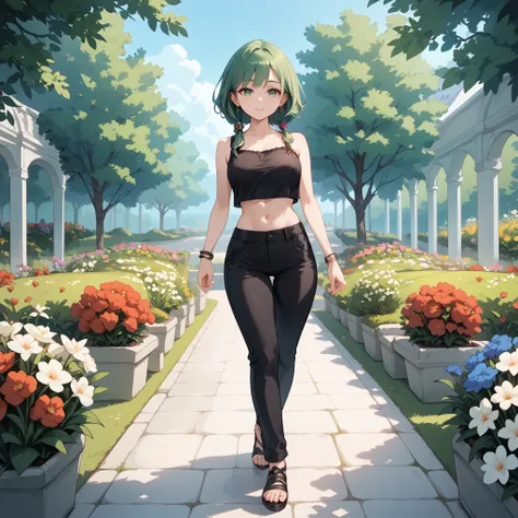 long green hair , green eyes, very short sleeveless black crop shirt, low-cut and sexy , black legging pants, black eyelashes,walking in a beautiful garden filled with flowers outdoors with a look of happiness.
