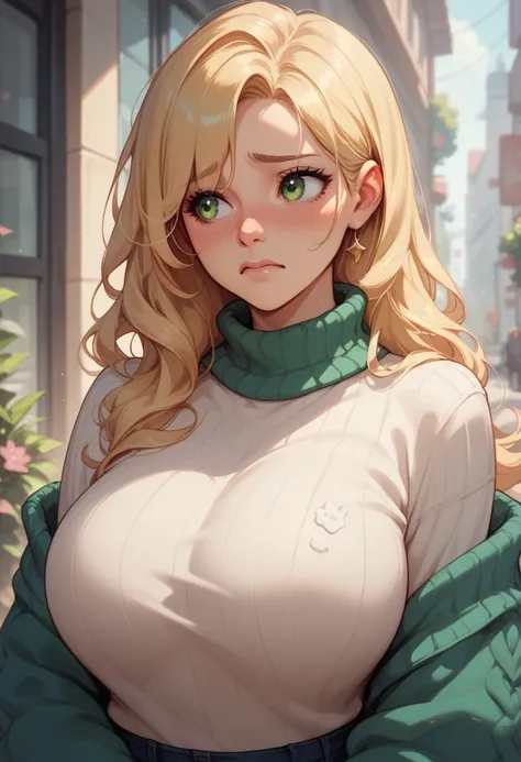 Anime girl cute blonde long hair green eyes big breasts in a sweater is embarrassed looking away
