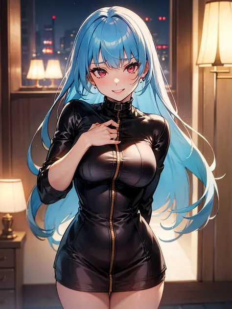 (​masterpiece、top-quality、hight resolution、Unity 8k、extremely details CG:1,Best Picture), 1girl, light blue hair, red eyes, upper body, A prostitute smiles provocatively in a hotel room at night. She is a prostitute, and her body language and facial expres...