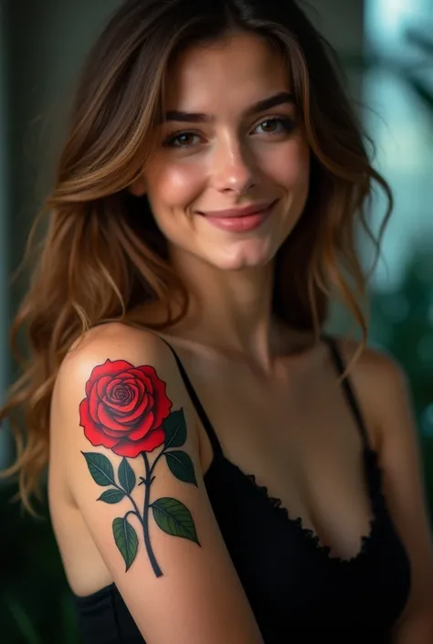 young woman showing her tattoo of a red rose, tattoo design, the background is cinematic, Sony a7R IV camera, Meike 85mm F1.8 lens, UHD 