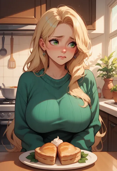 Anime girl cute blonde long hair green eyes big breasts in a sweater is embarrassed looking away
Smiles in the kitchen