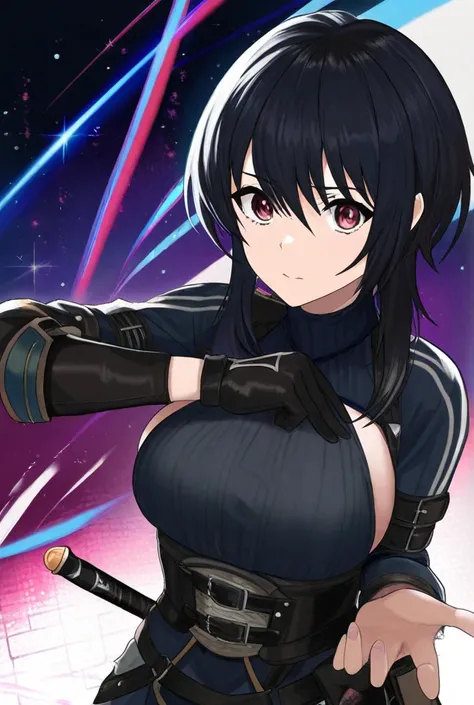 A very beautiful girl,  very hot ,  with tied black hair , Ferreira RPG style ,  with a large glove on her left hand.