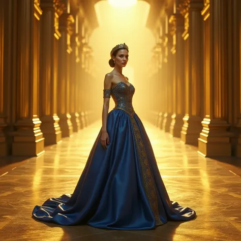 The beautiful Czech queen stands in the middle of the golden hall in a blue dress 