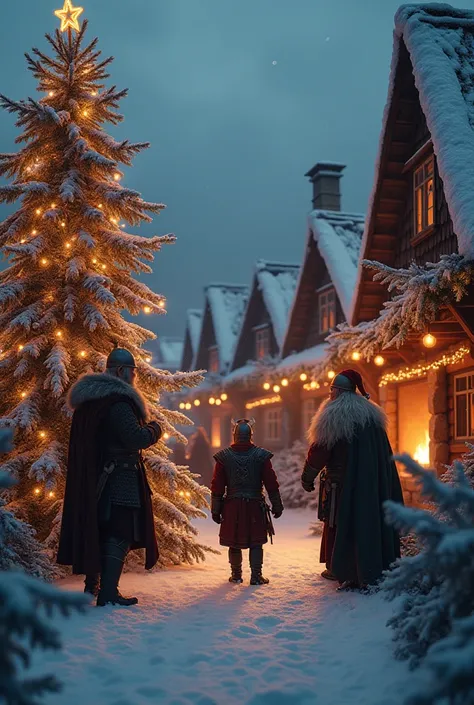  Vikings celebrate Christmas in a snowy Scandinavian village , } dressed in traditional Viking armor with festive Christmas decorations,  like garlands , Santas lights and hats .  A large Viking Christmas tree ,  atmosphere decorated with runes and ornamen...